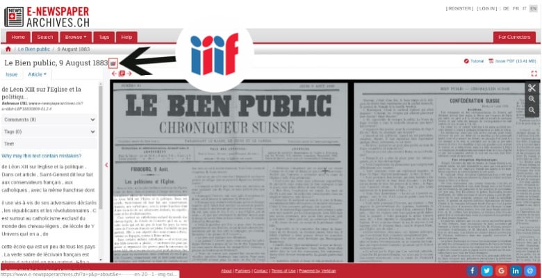 Swiss National Library digital newspaper archive showing IIIF logo
