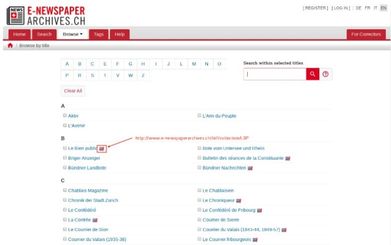 Showing public domain newspaper titles on SNL website which are able to be viewed within IIIF